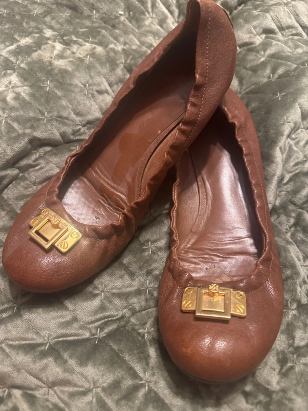 Tory Burch Brown Leather Ballet Flats with Gold Logo Hardware